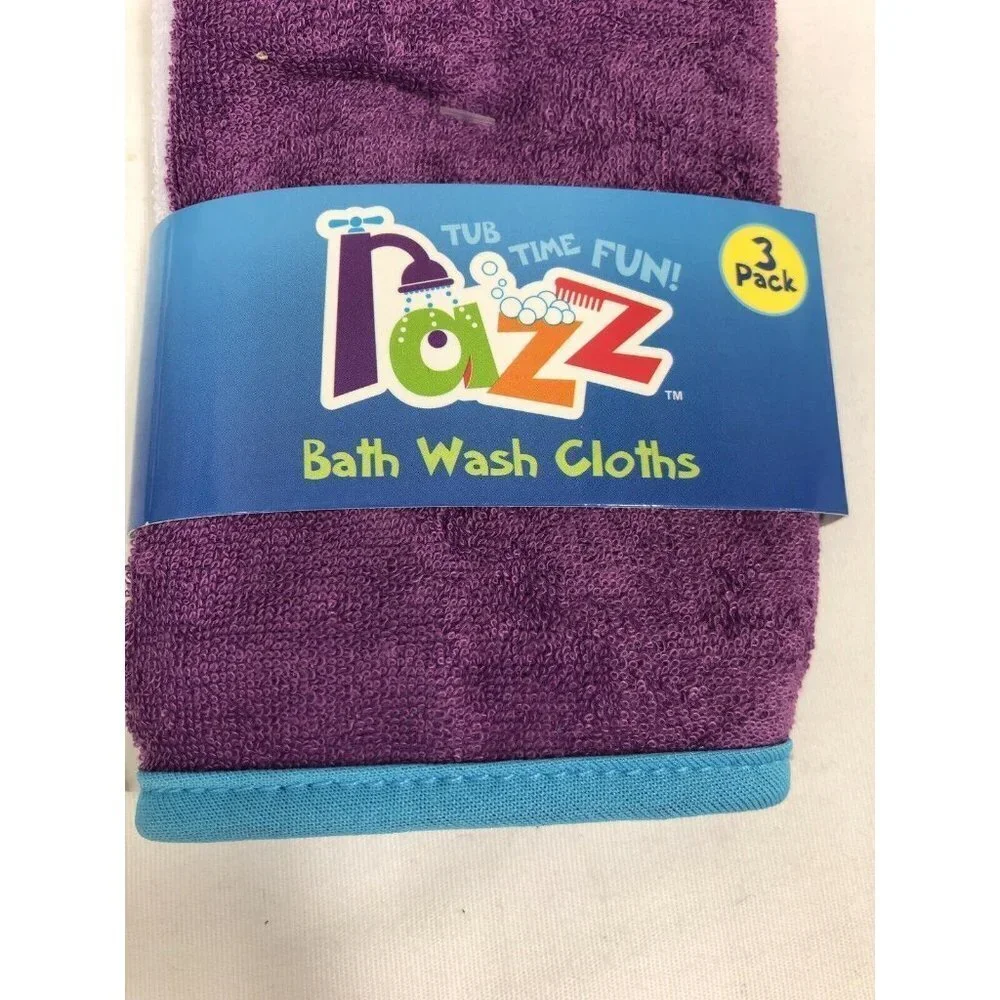 Razz Tub Time Fun Baby Bath Wash Cloths 3 Pack Purple White